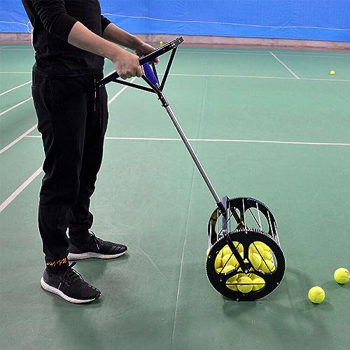 2 in 1 Tennis Ball Picker, 55 Large Capacity Stainless Steel Balls Receiver Pick Up Rollers Tool Tennis Ball Picker Saver Grabber Black Automatic Tennis Ball Pick Up Hopper