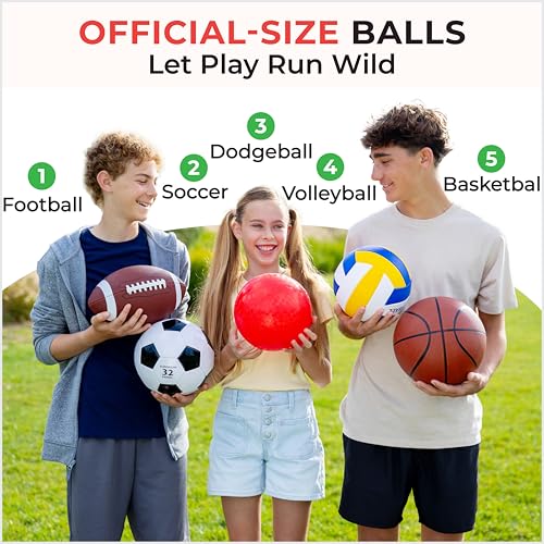 5 Pcs Sport Balls Set Official Size Athletic Balls Include Soccer, Football, Basketball, Volleyball, Playground Ball, Kickball Set, Ball Pump for Indoor Outdoor Game Youth Adult