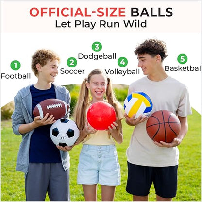 5 Pcs Sport Balls Set Official Size Athletic Balls Include Soccer, Football, Basketball, Volleyball, Playground Ball, Kickball Set, Ball Pump for Indoor Outdoor Game Youth Adult