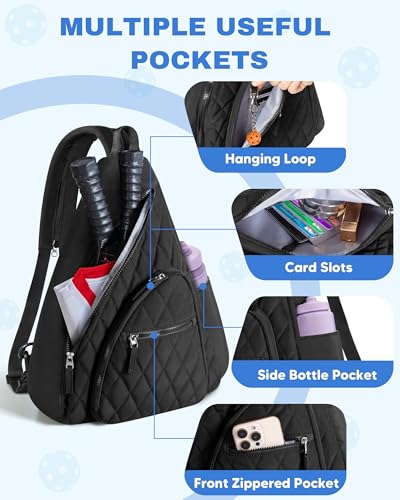Pickleball Sling Bag for Women and Men, Pickle Ball Paddle Backpack with Fence Hook for Racquetball, Badminton Rackets, Black