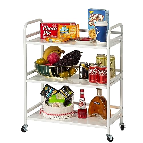 DCLRN 3 Tier Rolling Cart with Lockable Wheels Sturdy Construction,Solid Shelves,Recessed Screw Holes Ideal for Kitchen and Home Storage Size:23.6" Dx11.8 Wx29.5 H(White) - color: White Metal, size: Large