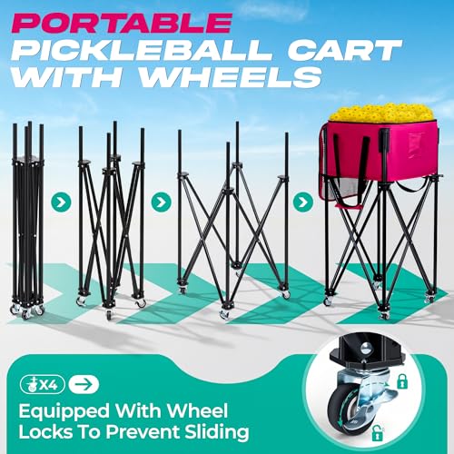 Pickleball Cart With Wheels, Foldable Tennis Ball Hopper Basket, Lightweight Ball Caddy With Zippered Mesh Lid, Portable Sports Ball Storage For Outdoor Court, Home Training, Kids Youth Adults