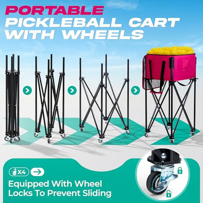 Pickleball Cart With Wheels, Foldable Tennis Ball Hopper Basket, Lightweight Ball Caddy With Zippered Mesh Lid, Portable Sports Ball Storage For Outdoor Court, Home Training, Kids Youth Adults