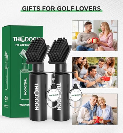 THIODOON 2 Pack Black Golf Club Brushes Set with Handy Retractable Clip & 4oz/7.5 Inch Squeeze Water Bottle Easy Cleaning with Nylon Golf Club Cleaner Head Essentials Golf Accessories for Men