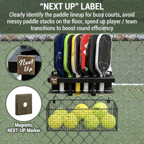 MyGift Premium Metal Pickleball Paddle Rack with Ball Basket & Magnetic Next Up Marker – Wall Mounted or Fence Hanging Pickleball Organizer, Holds up to 8 Paddles – Indoor & Outdoor Court Storage