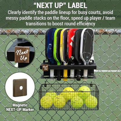 MyGift Premium Metal Pickleball Paddle Rack with Ball Basket & Magnetic Next Up Marker – Wall Mounted or Fence Hanging Pickleball Organizer, Holds up to 8 Paddles – Indoor & Outdoor Court Storage
