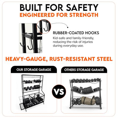 AMPLY Sports Equipment Organizer, Rolling Sports Ball Storage Garage Rack with Large Ball Bins, Side Bat Grid and Multi-Tier Shelves, Steel Rust-Resistant Gear Cart for Families, Schools, Gyms