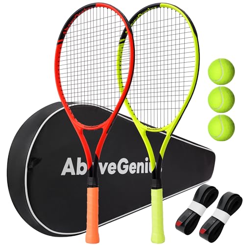 AboveGenius Neon Tennis Rackets 2 Pack for Adults- 27" Lightweight Aluminum Tennis Racquet Set with 3 Balls & Bag- Vibrant High-Visibility Matte Finish for Men Women Beginners - color: Yellow/Orange