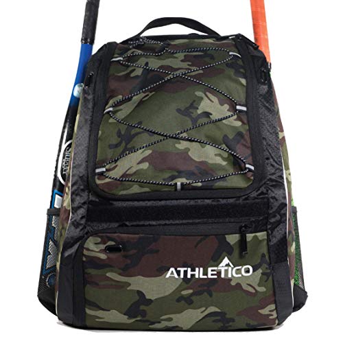 Athletico Baseball Bat Bag - Backpack for Baseball, T-Ball & Softball Equipment & Gear for Youth and Adults | Holds Bat, Helmet, Glove, & Shoes |Shoe Compartment & Fence Hook - color: Green Camo