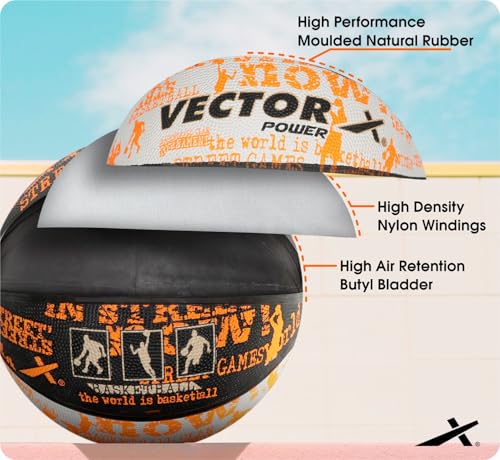 Vector X Power Basketball | for Men & Boys | Material: Rubber | Water Resistant Ball | Moisten Needle Before Insterting
