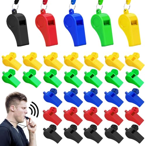 50PCS Plastic Coach Whistle with Lanyard Loud Crisp Sound Sports Referee Whistle Bulk for Adults Coaches Referees Teachers Officials Polices Outdoor Basketball Volleyball Soccer, Multicolor - color: Multi-Color