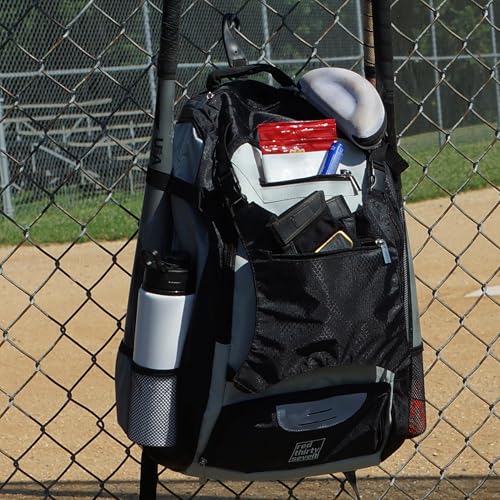Baseball Backpack with Cleat Pocket | Large Capacity | 19.5" T x 14" W x 7.5" D | Holds 4 Bats | External Helmet Storage - color: Black / Gray