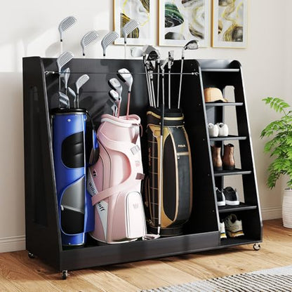 Zevemomo Wooden Golf Bag Organizer with Wheels, Golf Storage Organizer for Garage, 3 Golf Bag Storage Rack, Holds 3 Golf Bags and Golf Equipment, Suitable for Garage Home Golf Club, Black