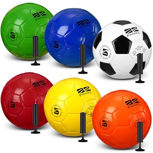 6 Pcs Soccer Ball with Pump Bulk Size 5/4/3 Deflated Soccer Balls Gift for Youth Adult Game Training Practice Football for School Sports Game Birthday Gift Party - color: Bright color, size: Size 5, style: Fresh