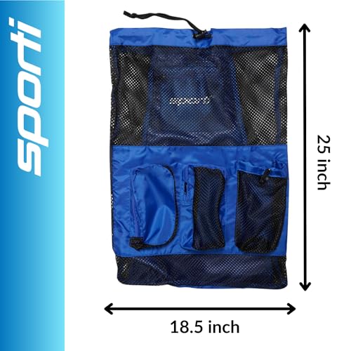 Sporti Swimming Equipment Bag Zipper Pocket, Mesh Drawstring Backpack, Drawstring Bags, Big Mesh Backpack for Workout Gear - color: Equipment - Royal Blue, style: 4. Two Shoulders & Pockets