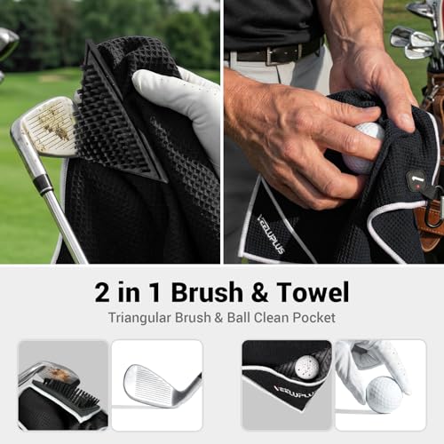 4-in-1 Magnetic Golf Towel with Brush & Cleaning Pocket - Premium Construction Golf Towel- Super Strong Golf Club Cleaner- Microfiber Waffle Design-15.7" X 23.6" Golf Accessories and Gifts for Men - color: Black