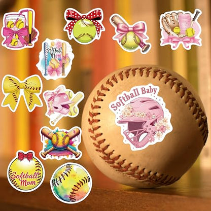 50PCS Pink Coquettte Bows Softball Stickers, Cute Motivational Vinyl Waterproof Stickers for Water Bottles,Helmets, Luggage, Teaching Incentives, Softball Gifts for Girls Kids, Teens and Adults