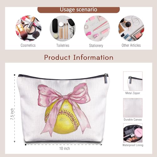 Softball Bow Makeup Bag - Softball Gifts for Women Softball Lovers Softball Mom Team, Softball Accessories for Girls, Pink Bow Softball Stuff for Women