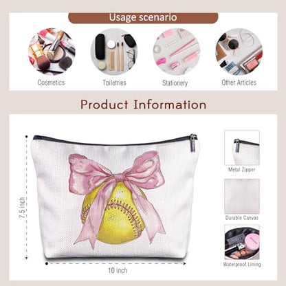 Softball Bow Makeup Bag - Softball Gifts for Women Softball Lovers Softball Mom Team, Softball Accessories for Girls, Pink Bow Softball Stuff for Women