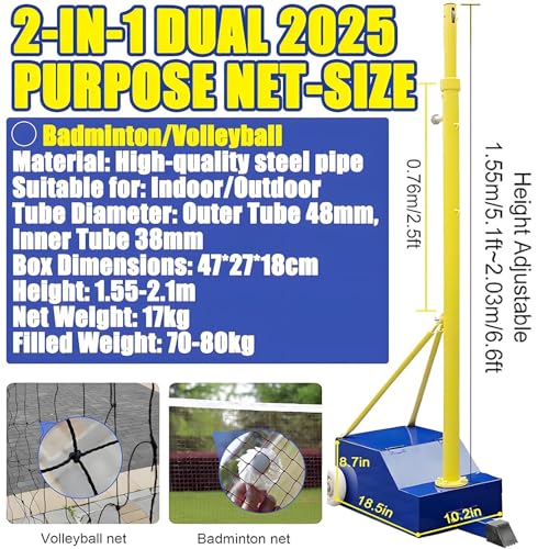 volleyball Badminton Net Frame Poles,Volleyball/Badminton Pole&Nets Package For Backyard, Volleyball Poles With Stable Base,Heavy Duty Badminton Volleyball Pole-Adjustable Height 5-6.9ft/1.55-2.1m