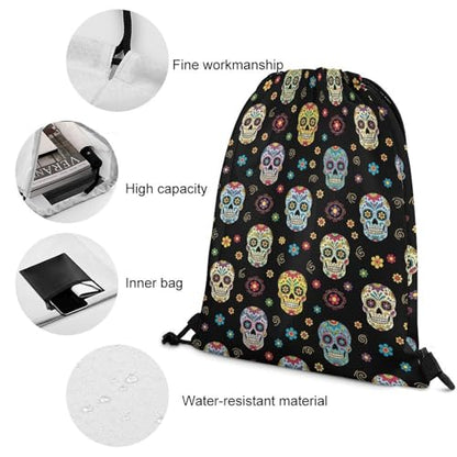 Gym Drawstring Backpack Sackpack Water Resistant for Sports Beach Yoga Travel Unisex, Sugar Skulls Bags - color: Picture (517)