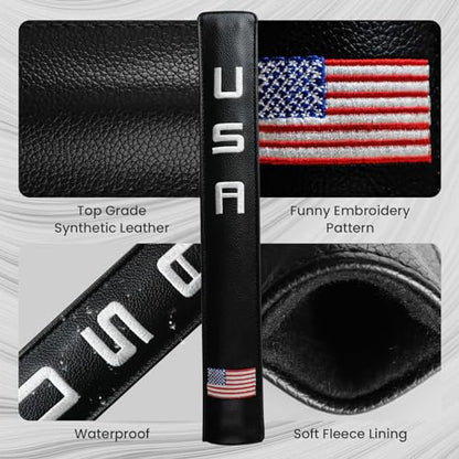 FINGER TEN Golf Alignment Stick Cover Headcover Rods Holder Case Leather 14''× 2'' in USA Black White Green Hold At Least 2 Sticks - color: Black-USA Flag
