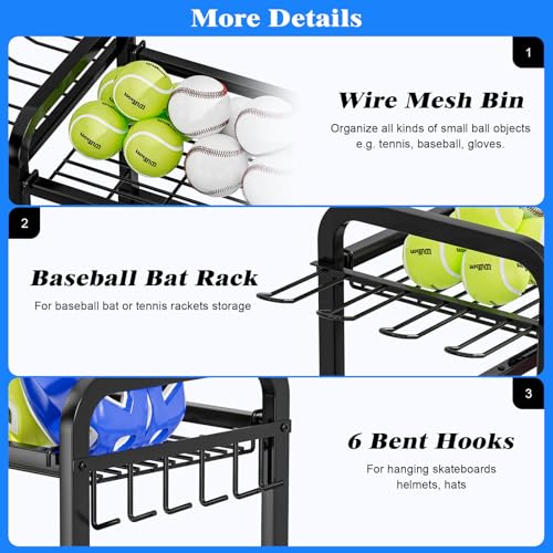 Garage Ball Storage Rack - Sports Equipment Organizer with Wheels, Rolling Sports Ball Cart with Elastic Rope, Outdoor Ball Holder for Basketball Soccer Volleyball Football, Garage Toy Storage