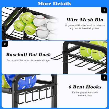 Garage Ball Storage Rack - Sports Equipment Organizer with Wheels, Rolling Sports Ball Cart with Elastic Rope, Outdoor Ball Holder for Basketball Soccer Volleyball Football, Garage Toy Storage