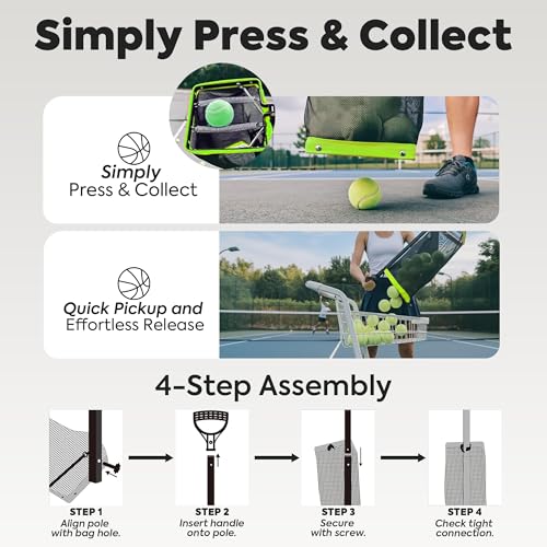 Rolling Tennis Ball Hopper & Picker Basket with Wheels, Holds 50+ Tennis Balls or 40+ Pickleballs, Lightweight Retriever Collector, Durable Easy Pick Up Ball Collector with Paddle Bag, Upgraded