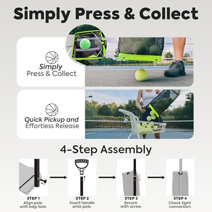Rolling Tennis Ball Hopper & Picker Basket with Wheels, Holds 50+ Tennis Balls or 40+ Pickleballs, Lightweight Retriever Collector, Durable Easy Pick Up Ball Collector with Paddle Bag, Upgraded
