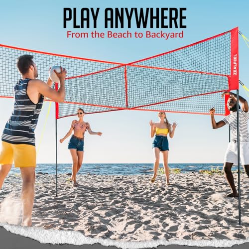 ZEALFEEL 4 Square Volleyball Game Set, 3 Heights Adjustable 4-Way Volleyball Net with Vollyball, Pump, Carry Bag, Hammer, 14 FT 4 Person Net for Backyard Beach Lawn, Great for Family Fun