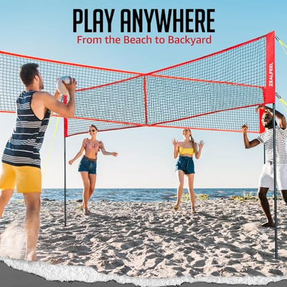ZEALFEEL 4 Square Volleyball Game Set, 3 Heights Adjustable 4-Way Volleyball Net with Vollyball, Pump, Carry Bag, Hammer, 14 FT 4 Person Net for Backyard Beach Lawn, Great for Family Fun