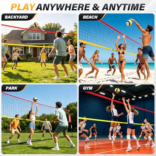 12ft Freestanding Volleyball Net – Height Adjustable 7.4ft/8ft for Men & Women, Durable Fiberglass Poles, 4-Minute Quick Setup – Includes Carry Bag & Stakes for Backyard, Gym, Beach