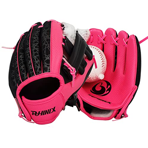 PHINIX Baseball Glove Tee-Ball Mitts for Kids Play & Training 8.5"-9" - color: Pink with Ball, size: 8.5"