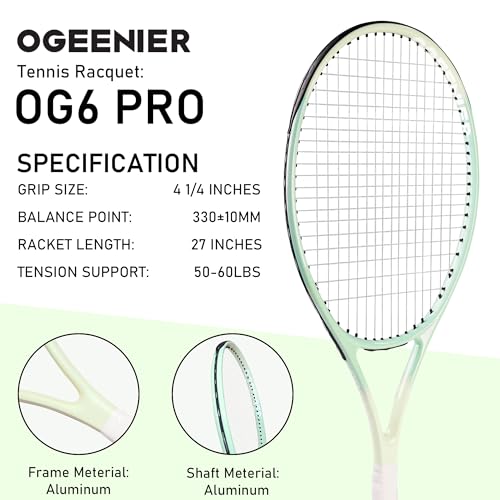 27 Inch Adult Tennis Racket Set, Pre-Strung Beginners Tennis Racquet, Lightweight and Recreational Aluminum Rackets with Overgrip, Tennis Balls and Tennis Bag for Men Women - color: Light Green