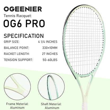27 Inch Adult Tennis Racket Set, Pre-Strung Beginners Tennis Racquet, Lightweight and Recreational Aluminum Rackets with Overgrip, Tennis Balls and Tennis Bag for Men Women - color: Light Green