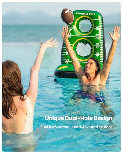 QPAU Inflatable Football Toss Game for Pool – Water Football Target with 4 Balls & 2 Pumps, Dual Net Design, Stable Base, Summer Pool Game for Kids & Adults