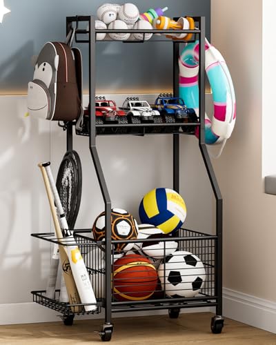 Sports Equipment & Toy Storage Rack with Wheels, 3-Tier Ball Organizer for Balls, Rackets & Sports Gear, Large Capacity with Racket Slots & Hooks, for Garage, Home Gym or Backyard – 17" W