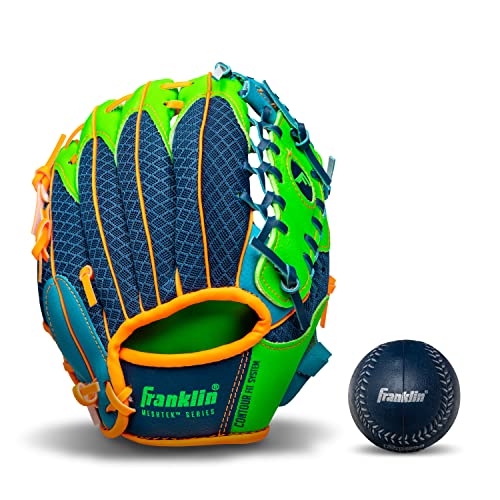 Franklin Sports Kids Baseball Glove + Foam Ball Sets - Meshtek Youth Teeball Gloves for Kids + Toddlers - Left + Right Hand Throw - 9.5" Inch - color: Navy/Lime/Orange