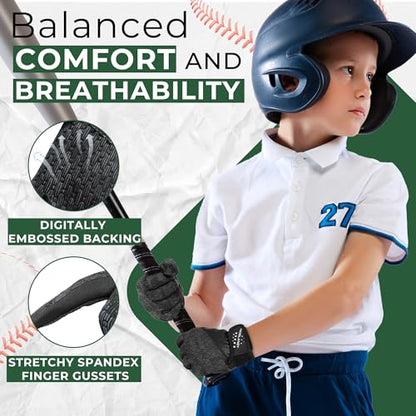 HANDLANDY Baseball Batting Gloves for Adult Youth, Grip Breathable Softball Batting Gloves Fit Men Kids Boys Girls - color: Raven Black-Kids, size: Kids Small