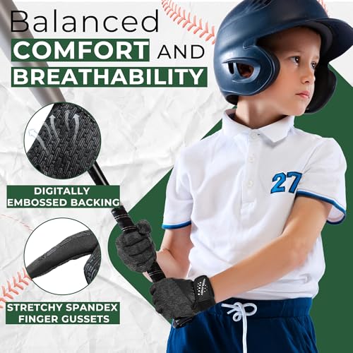 HANDLANDY Baseball Batting Gloves for Adult Youth, Grip Breathable Softball Batting Gloves Fit Men Kids Boys Girls - color: Raven Black-Kids, size: Kids Large