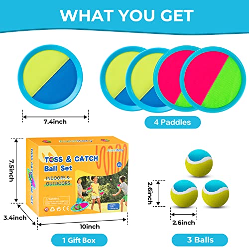 Kids Toys - Outdoor Games, Beach Toys, Toss and Ball Set with 4 Paddles and 3 Balls, Perfect Beach Games Sets Playground Sets for Backyards Easter Gifts for Kids/Adults/Family (Blue+Light Yellow)
