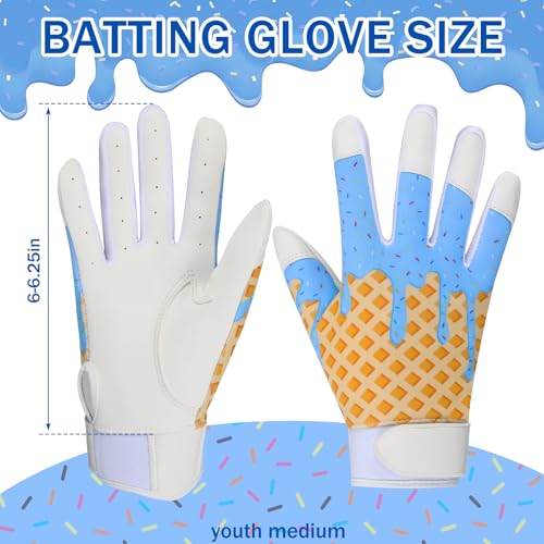 JenPen 1 Pair Youth Ice Cream Drip Batting Gloves 6 Inch Baseball Batting Gloves Long Cuff Leather Ice Cream Drip Pattern Mitt Grip Finger for Softball Teeball Baseball Kids Youth Boys - color: Blue, size: M Size