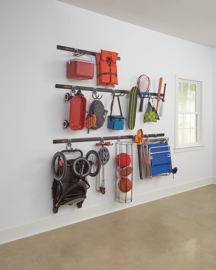 Rubbermaid 20-Piece FastTrack Garage Wall-Mounted Storage Kit 5 Rails and 15 Hooks for Home/House/Tool/Sports/Utility Purposes - size: 5 Rails, 15 Hooks