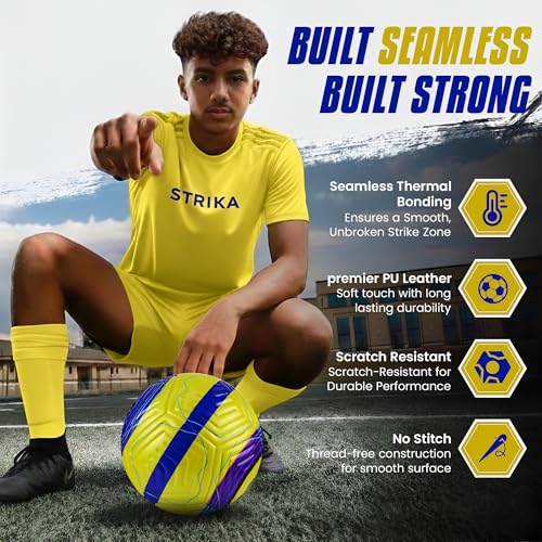 STRIKA Soccer Ball – Match-Level Performance, Seamless Hybrid Bonded (No-Stitch), True Flight Control, All-Weather Durability – Size 5 & 4 Training & Game Ball