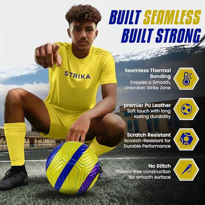 STRIKA Soccer Ball – Match-Level Performance, Seamless Hybrid Bonded (No-Stitch), True Flight Control, All-Weather Durability – Size 5 & 4 Training & Game Ball