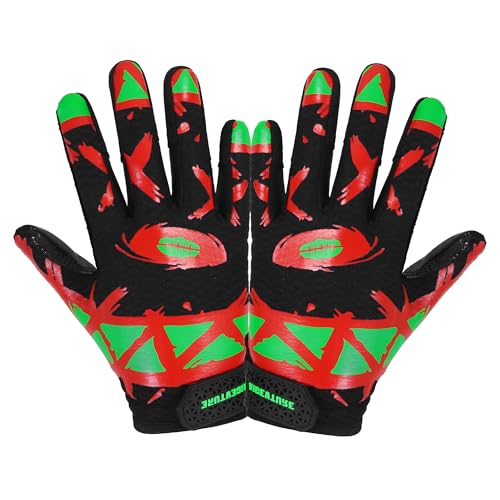 AIGEVTURE Youth Football Gloves Kids Receiver Gloves Sticky Football Gloves for Boys Girls - color: Black and Red, size: Youth XL&Adult S