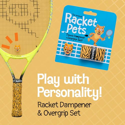 Racket Pets Kids Tennis Racket Dampener & Matching Overgrip Tape, Performance Shock Absorbing Dampener for Tennis Racket & Fun Animal Print Tennis Wrap Grip Tape - style: Tiger