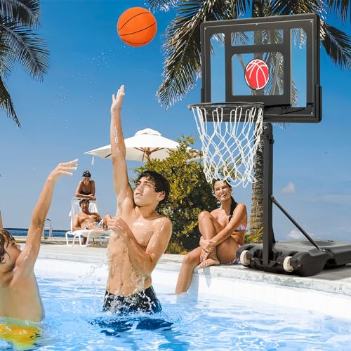 32“x23” Pool Basketball Hoop, 3.1FT-4.1FT Height Adjustable Poolside Basketball Hoop,Include Air Pump,Basketball, Made for Teens, Adults, Black - color: Black, size: 3.1-4.1FT