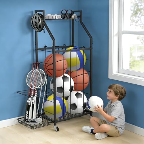 hanmir Ball Storage Rack for Garage, Rolling Sports Ball Organizer with Wheels, Baskets and Hooks, Sports Equipment Storage for Basketball Soccer Football, Garage Organizer (Black)